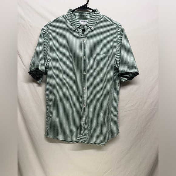 Old Navy‎ Mens Shirt  Green and White Striped Short Sleeve Collared Button Up - Picture 10 of 11